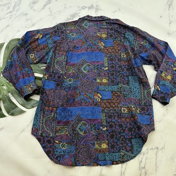 Punch Womens Vintage 90s Silk Oversize Shirt Size M Purple Blue Abstract Floral - Picture 7 of 11